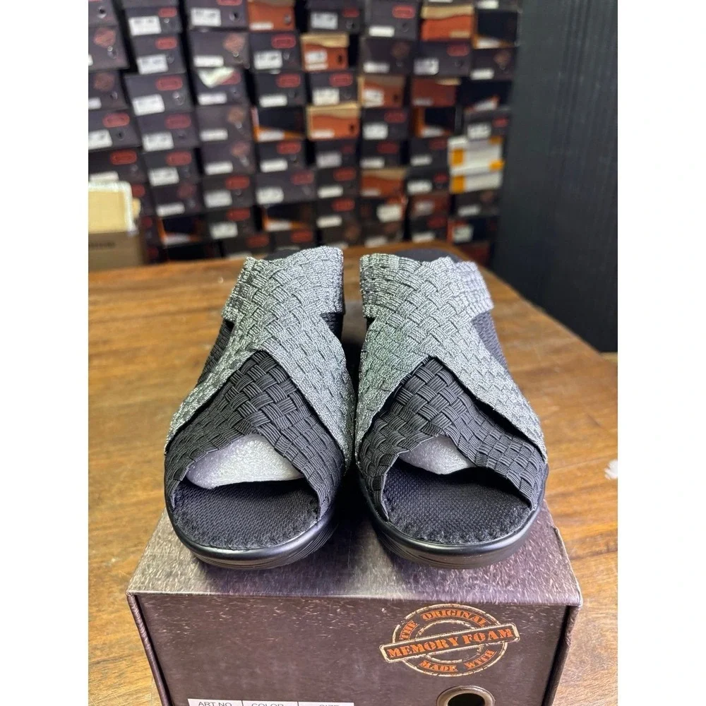 Bernie Mev Bernadette Black Pewter Woven Wedge Sandals Size 38 US 7.5-8